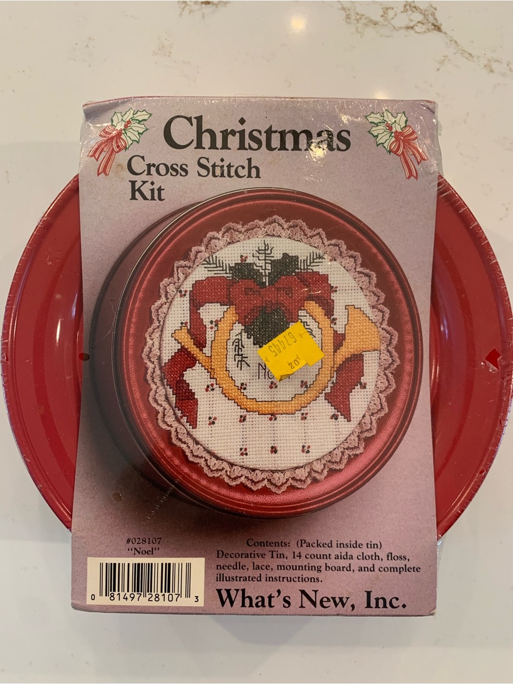 Christmas Cross Stitch Kit Noel Decorative tin 7 x 7 New Sealed Vintage 90’s.